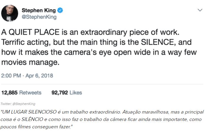  Stephen King elogiando um lugar silencioso no twitter